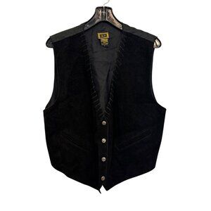 AJ Black Genuine Leather Western Vest With Button Front Size L Made In India Ray
